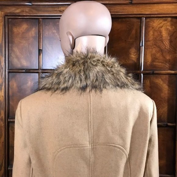 Moda International Camel Faux Fur Collar Wool Blend Double Breasted Pea Coat - Picture 11 of 16